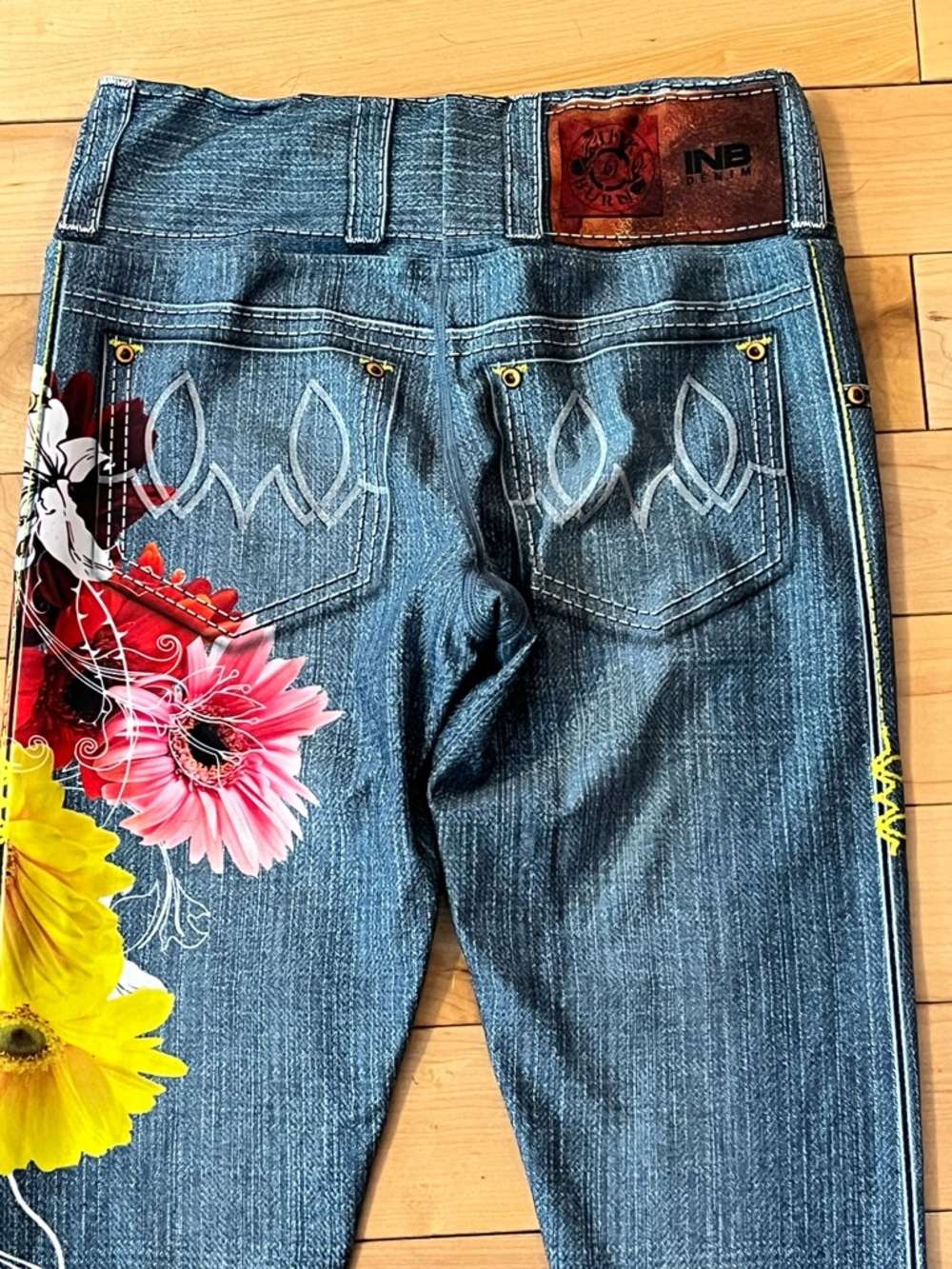 INKnBURN INB Denim Blue Wildflower Tights Pink Yellow Floral Print size four (4) - Picture 10 of 11